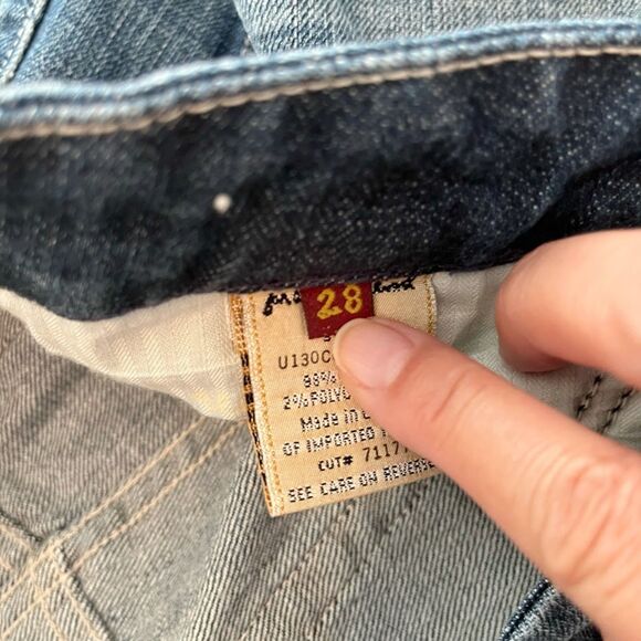 7 for All Mankind "A" Pocket Studded Distressed Faded Low-Rise Boot Cut Jeans - Picture 9 of 12